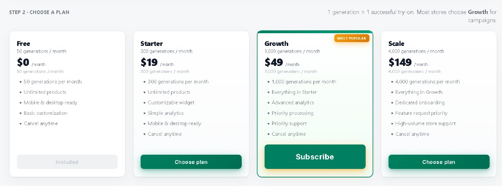Free Starter Growth Scale pricing table
