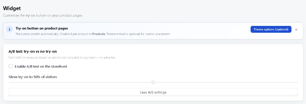 Widget settings and A/B test panel